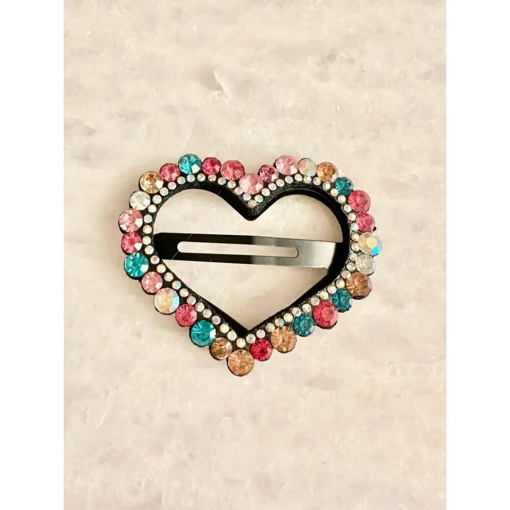 Rainbow rhinestone sparkly valentine heart hair clip